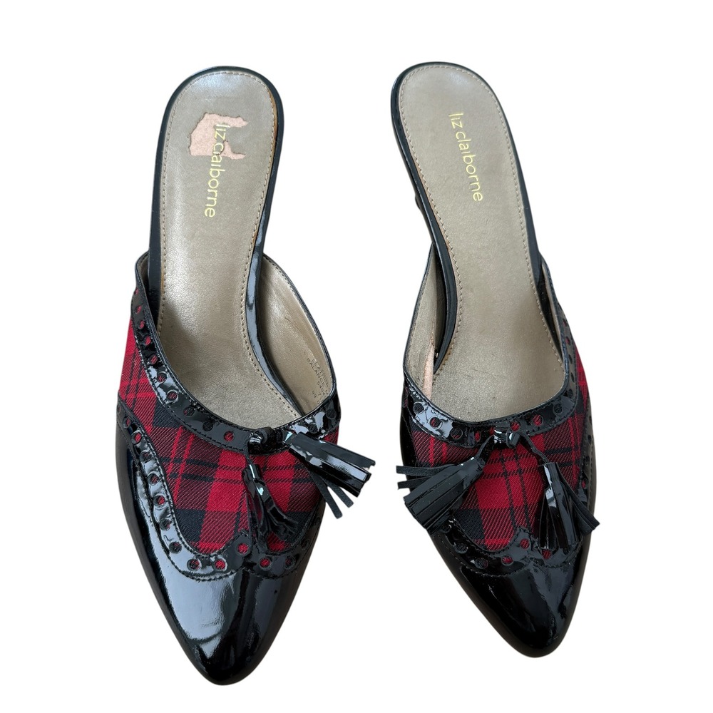 Liz Claiborne Trinity Mules Plaid Kitten Heel 7.5 Red Black y2k 90s